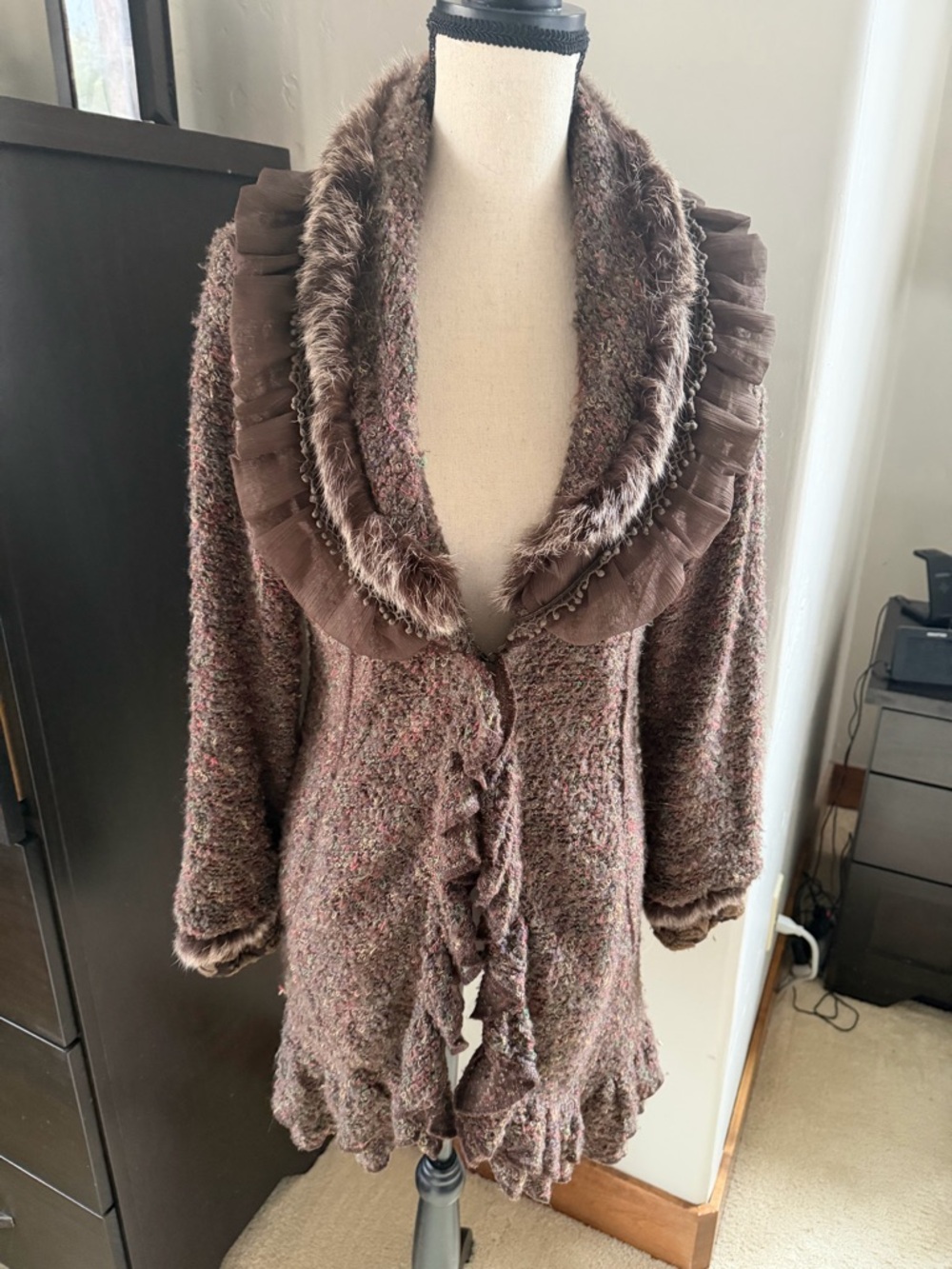 Women's Brown Faux-Fur Trim Knit Coat